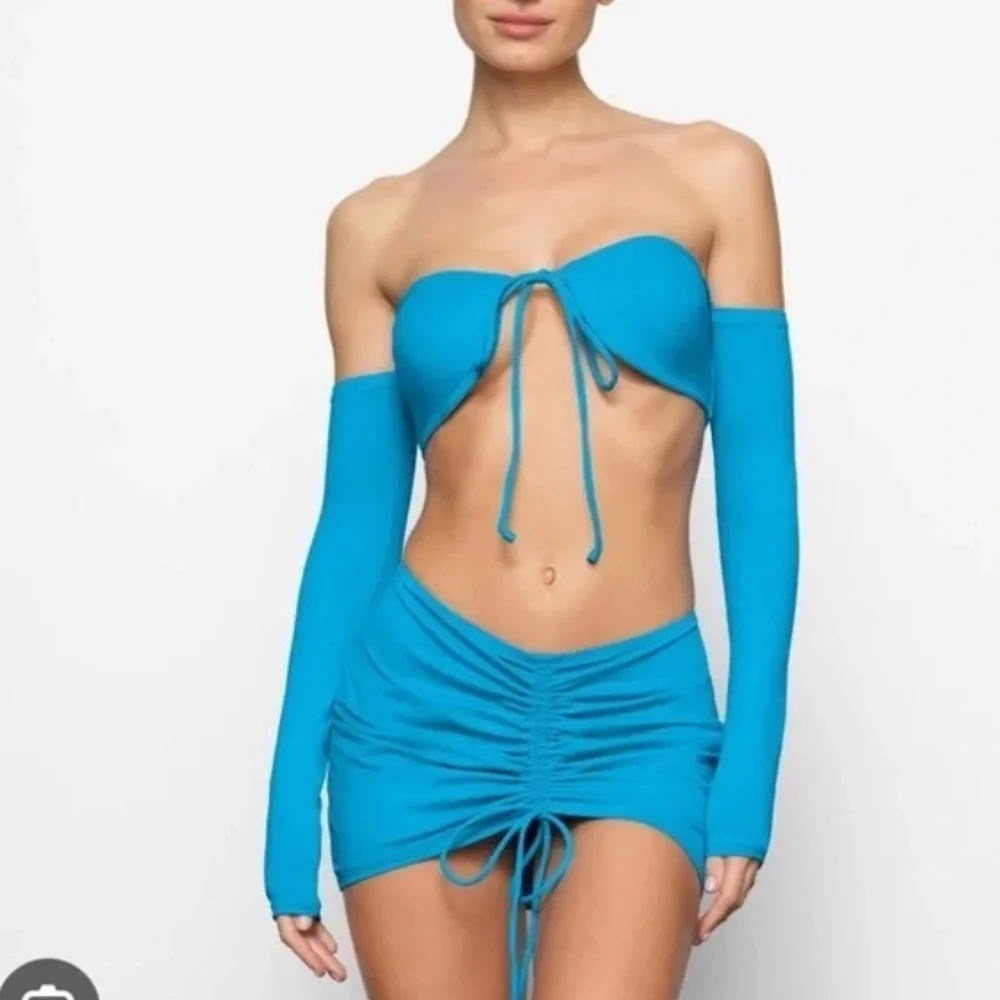 🆕 SKIMS SWIM Long Sleeve Bikini Top Recycled Turquoise XL Blue Off Shoulder NWT